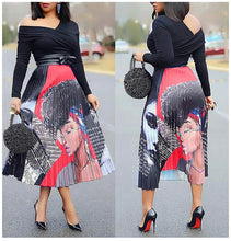 Load image into Gallery viewer, Killer curves Women's Graffiti Pleated Skirts Cartoon Printed Elastic Waist A-Line Swing Midi Skirt