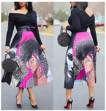 Load image into Gallery viewer, Killer curves  Women&#39;s Graffiti Pleated Skirts Cartoon Printed Elastic Waist A-Line Swing Midi Skirt
