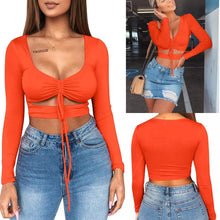 Load image into Gallery viewer, Lebah Women&#39;s Sexy Ruched Tie Up Crop Top Basic Long Sleeve Cut Out T Shirt
