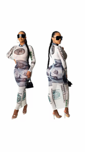 Women Sexy Long Sleeve 100 Dollar Bill Killer curves Dress S-XL