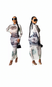 Women Sexy Long Sleeve 100 Dollar Bill Killer curves Dress S-XL