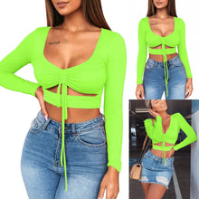 Load image into Gallery viewer, Lebah Women&#39;s Sexy Ruched Tie Up Crop Top Basic Long Sleeve Cut Out T Shirt
