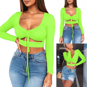 Lebah Women's Sexy Ruched Tie Up Crop Top Basic Long Sleeve Cut Out T Shirt