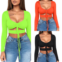 Load image into Gallery viewer, Lebah Women&#39;s Sexy Ruched Tie Up Crop Top Basic Long Sleeve Cut Out T Shirt
