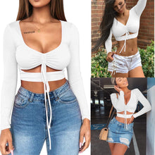 Load image into Gallery viewer, Lebah Women&#39;s Sexy Ruched Tie Up Crop Top Basic Long Sleeve Cut Out T Shirt
