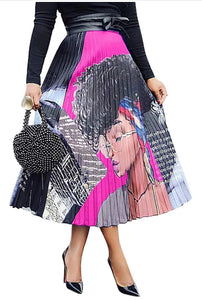 Killer curves  Women's Graffiti Pleated Skirts Cartoon Printed Elastic Waist A-Line Swing Midi Skirt