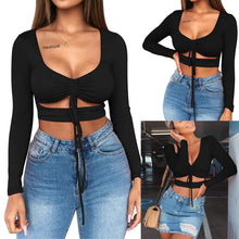 Load image into Gallery viewer, Lebah Women&#39;s Sexy Ruched Tie Up Crop Top Basic Long Sleeve Cut Out T Shirt
