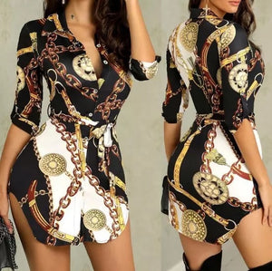 Fashion Women's Printed Shirt Skirt Half-Sleeved Tight Bandage Mini Dress V-Neck Belt Ladies Dress